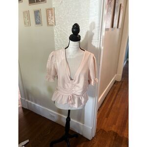 Topshop Blush Pink Ruched Peplum Blouse Puff Sleeve US 6